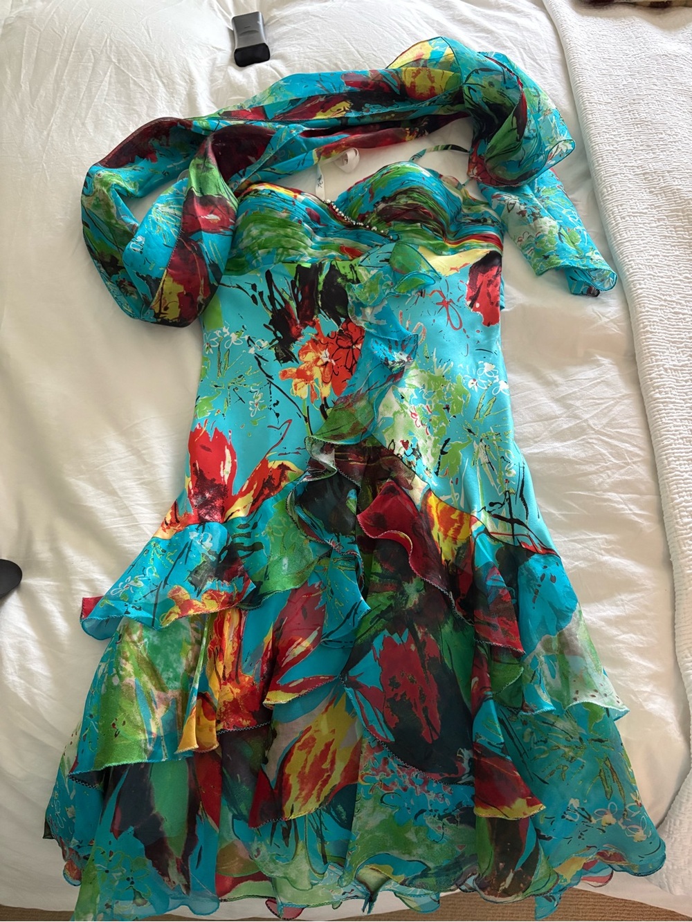 Diane Freis - Vibrant Floral Ruffled Turquoise Dress beaded. Worn once!!!!